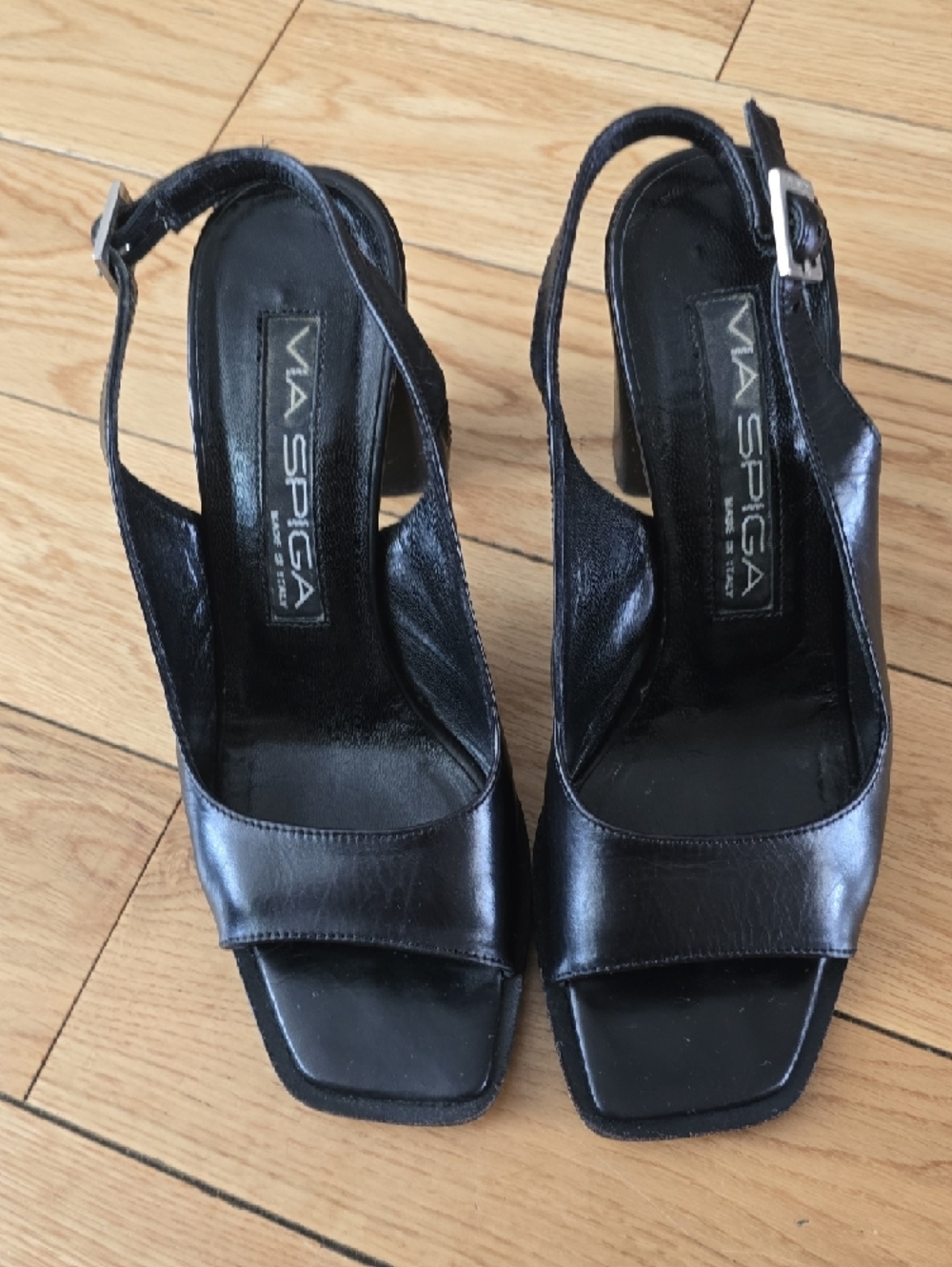 Via Spiga Black Leather Open-Toe Slingback Heels - Picture 3 of 10